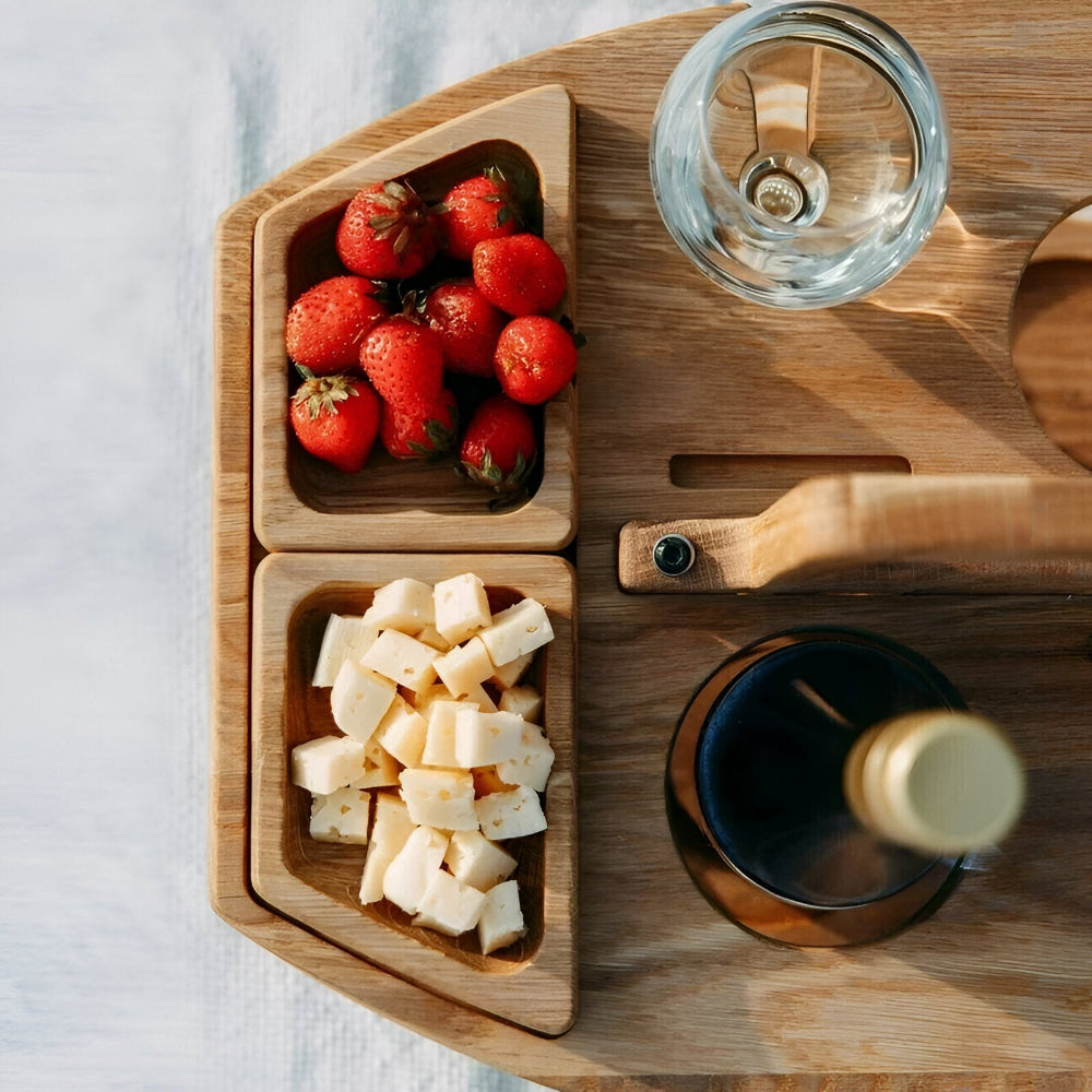 Mesa de picnic plegable de madera con soporte para vino