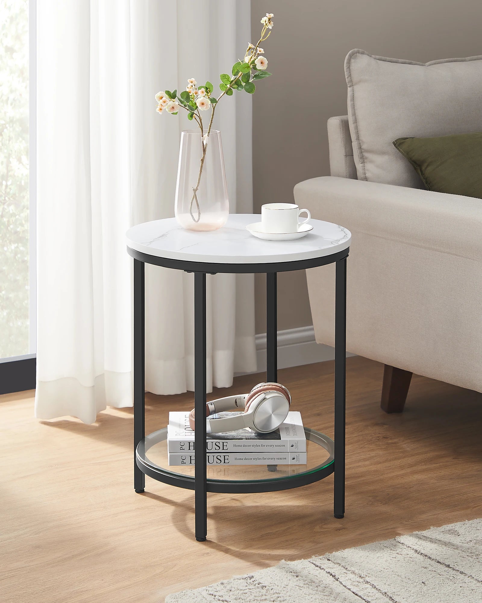 Stylish Marble Look Glass Side Table with Two Levels