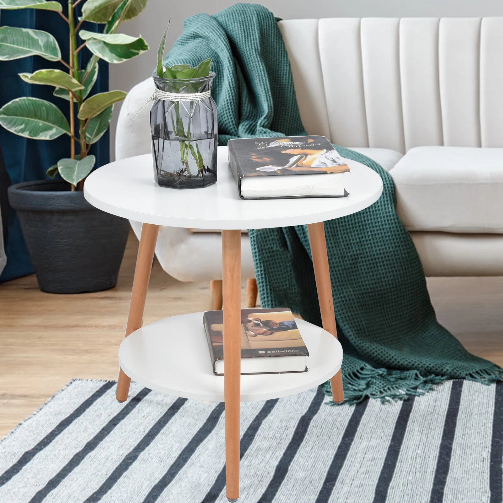 White Compact Side Table with Dual Storage