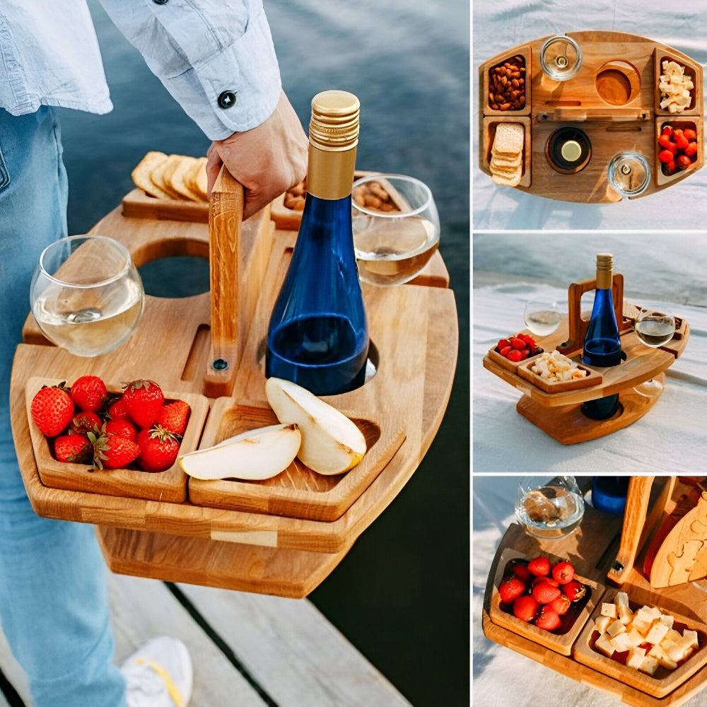 Klappbarer Holztisch für Picknick mit Weinhalter