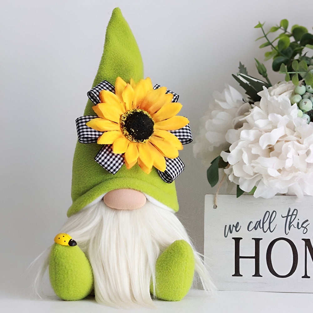 Handgefertigte Plüsch-Zwergfigur mit gelber Sonnenblume