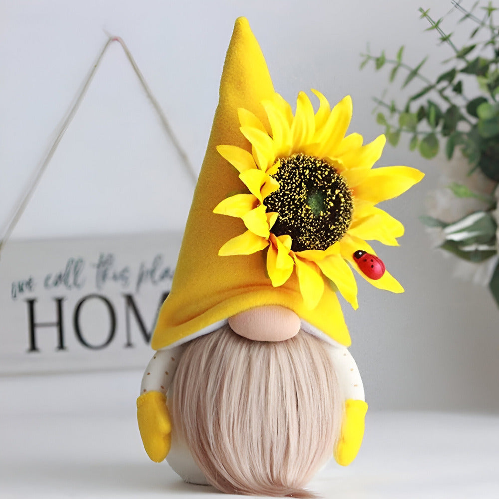 Handgefertigte Plüsch-Zwergfigur mit gelber Sonnenblume