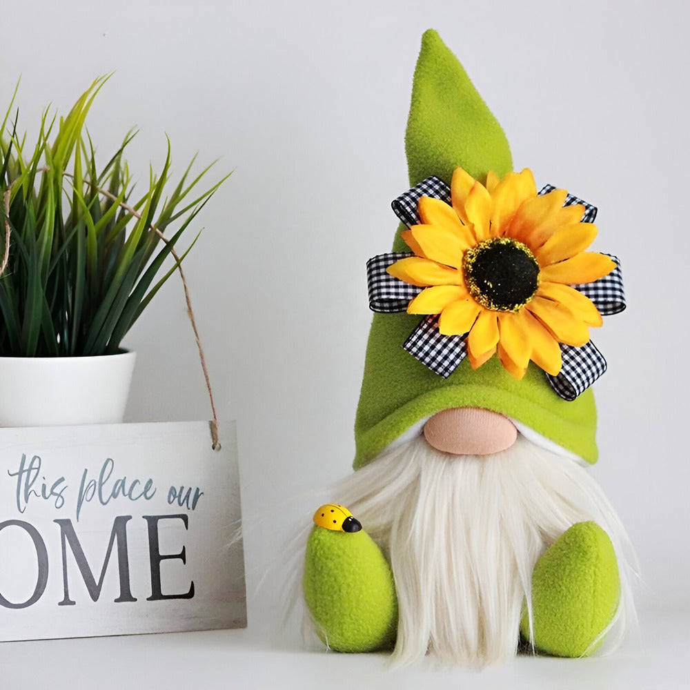 Handgefertigte Plüsch-Zwergfigur mit gelber Sonnenblume