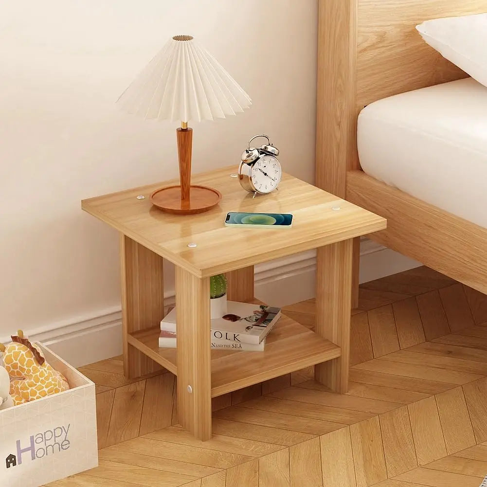 Mesita de noche moderna de madera maciza con doble estante