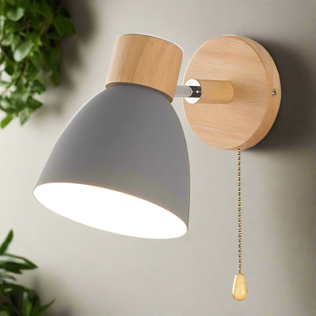 Nordic Modern Wooden Wall Light Sconce with Pull Switch