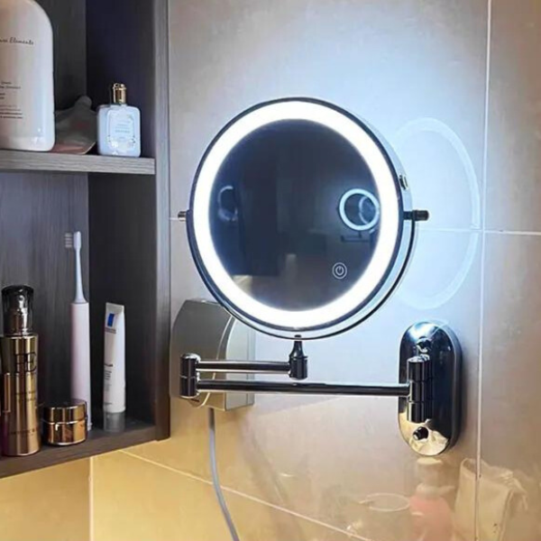 Rechargeable LED Makeup Mirror with Adjustable Magnification and Touch Control Light – Black Stainless Steel Vanity Mirror 0
