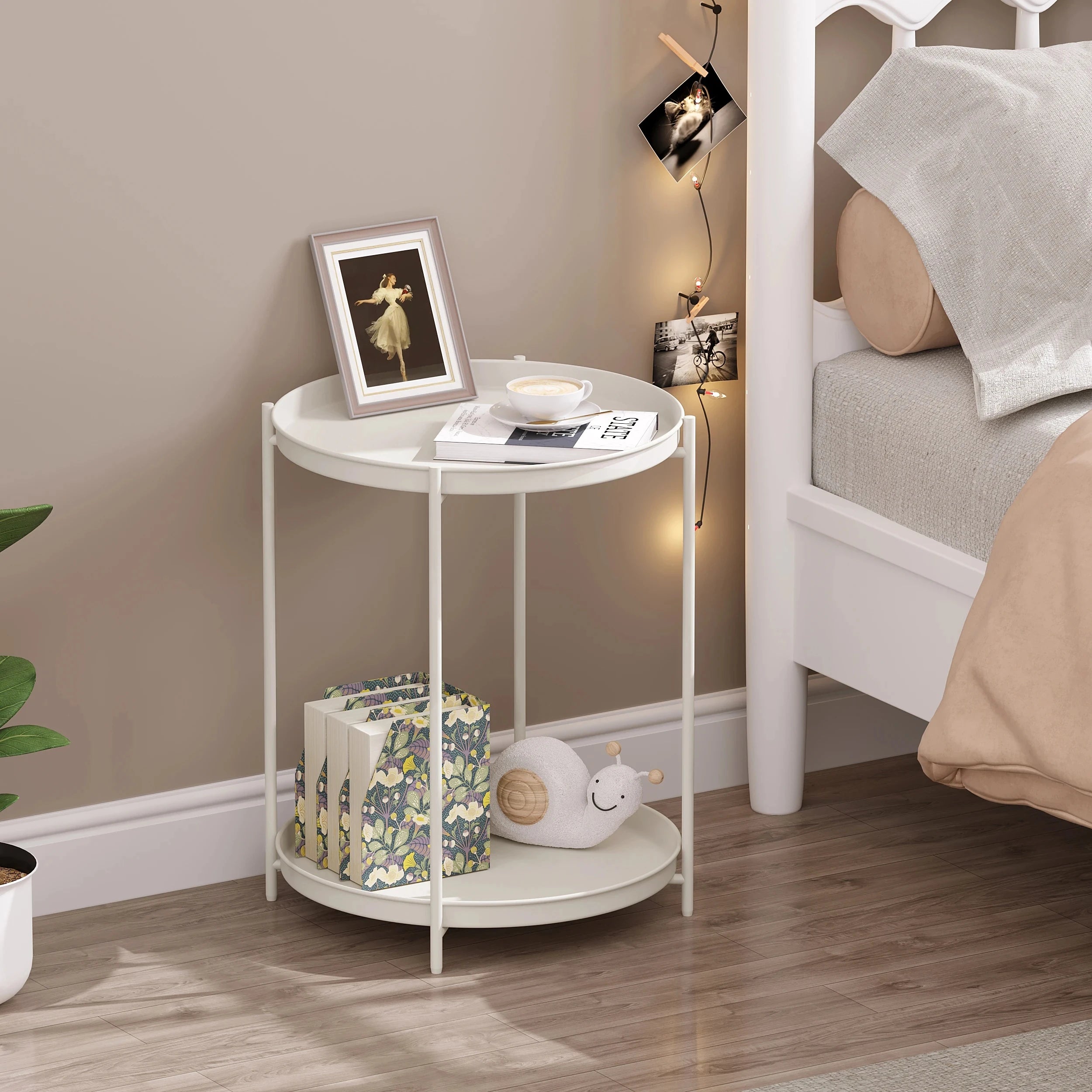 Round Metal Side Table with Storage and Removable Trays