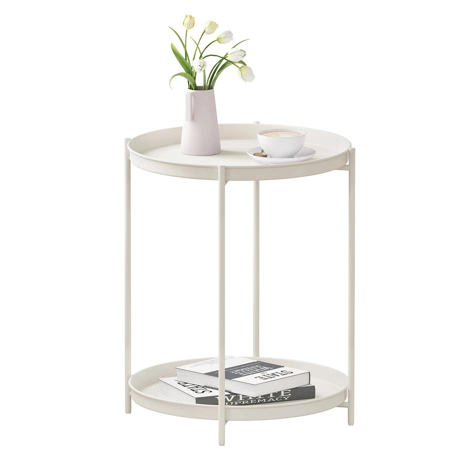 Round Metal Side Table with Storage and Removable Trays