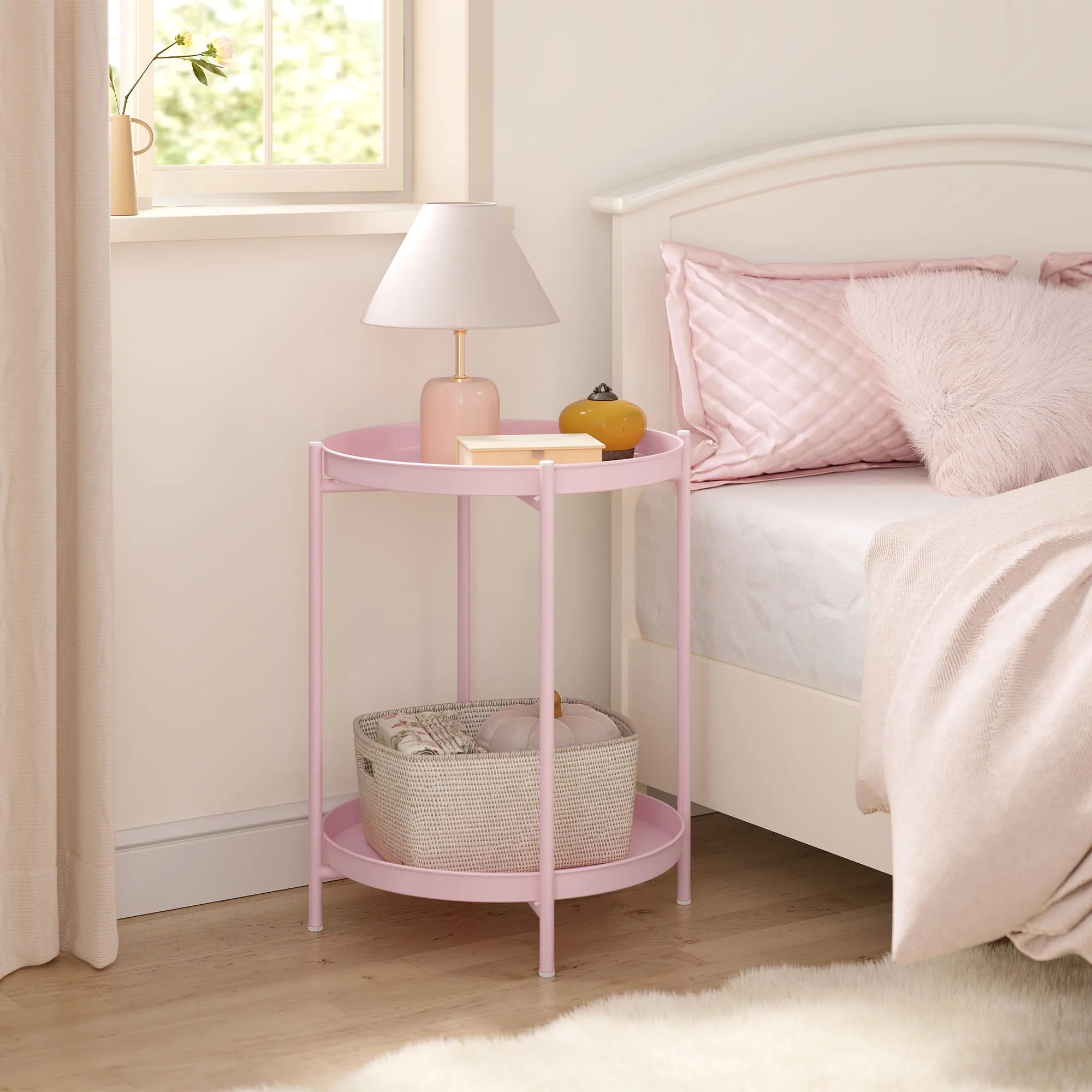 Round Metal Side Table with Storage and Removable Trays