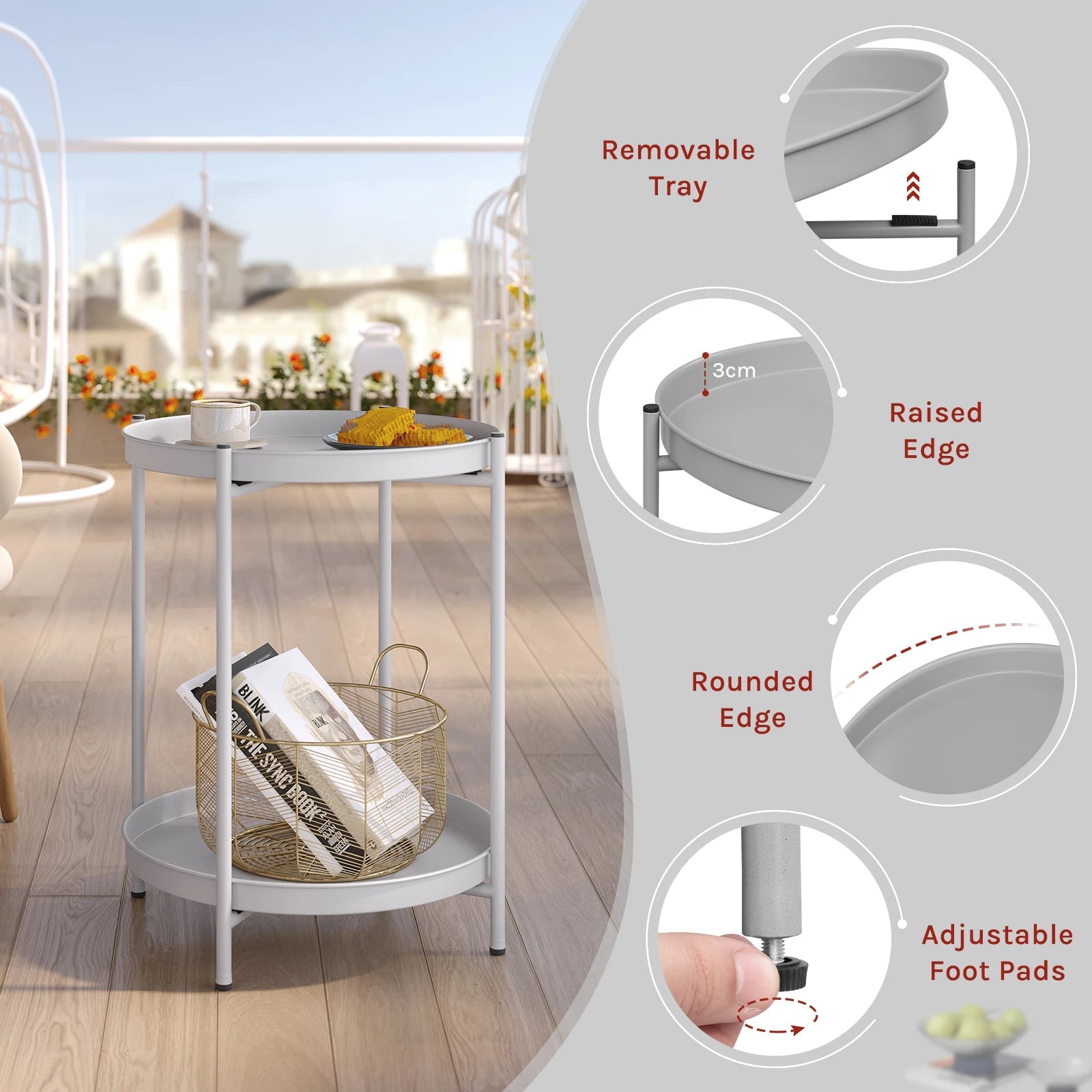 Round Metal Side Table with Storage and Removable Trays