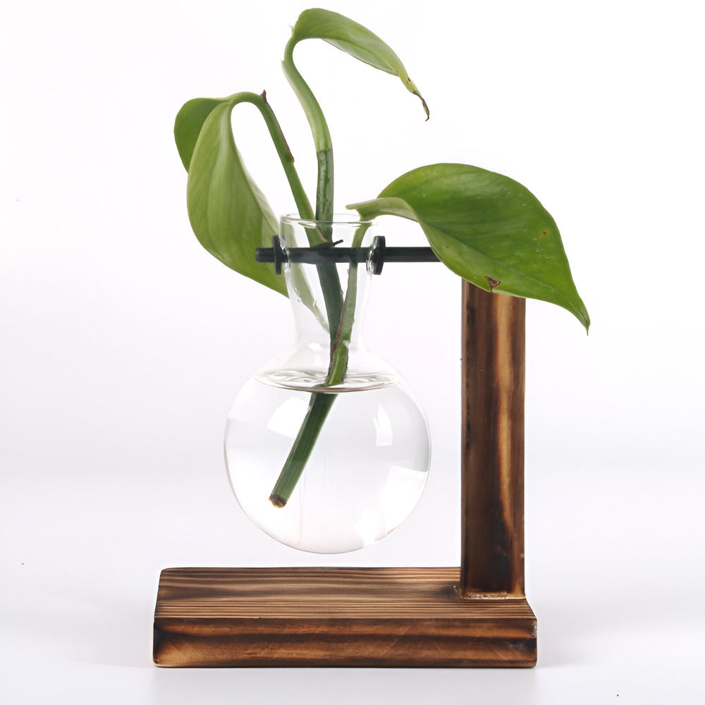 Soporte rústico de madera para maceta hidropónica