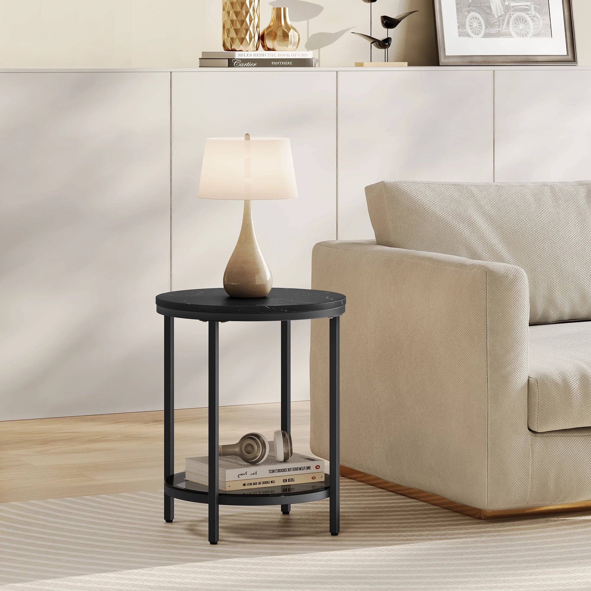 Stylish Marble Look Glass Side Table with Two Levels